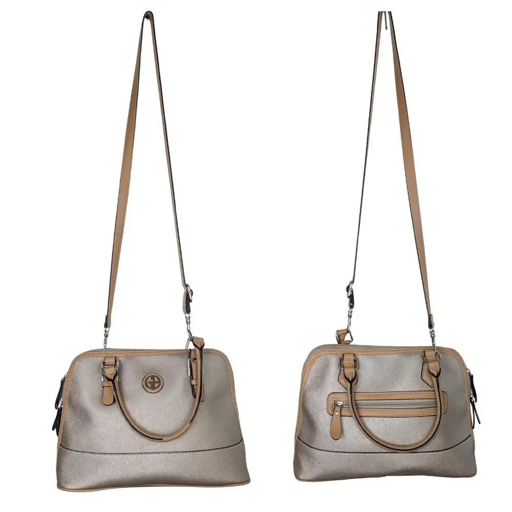 Giani Bernini Crossbody Satchel Bag Champagne Gold / Beige Tan Trim Convertible